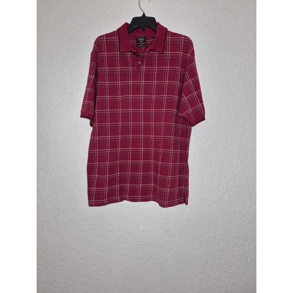 Haggar Golf Cool 18 Mens Large Polo Shirt Burgundy Red Plaid Cotton Pique L